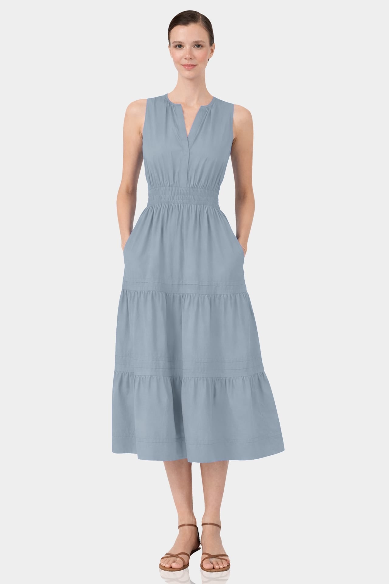 Dusty Blue Sleeveless Cotton Poplin Midi Dress – Business Casual Midi Dress