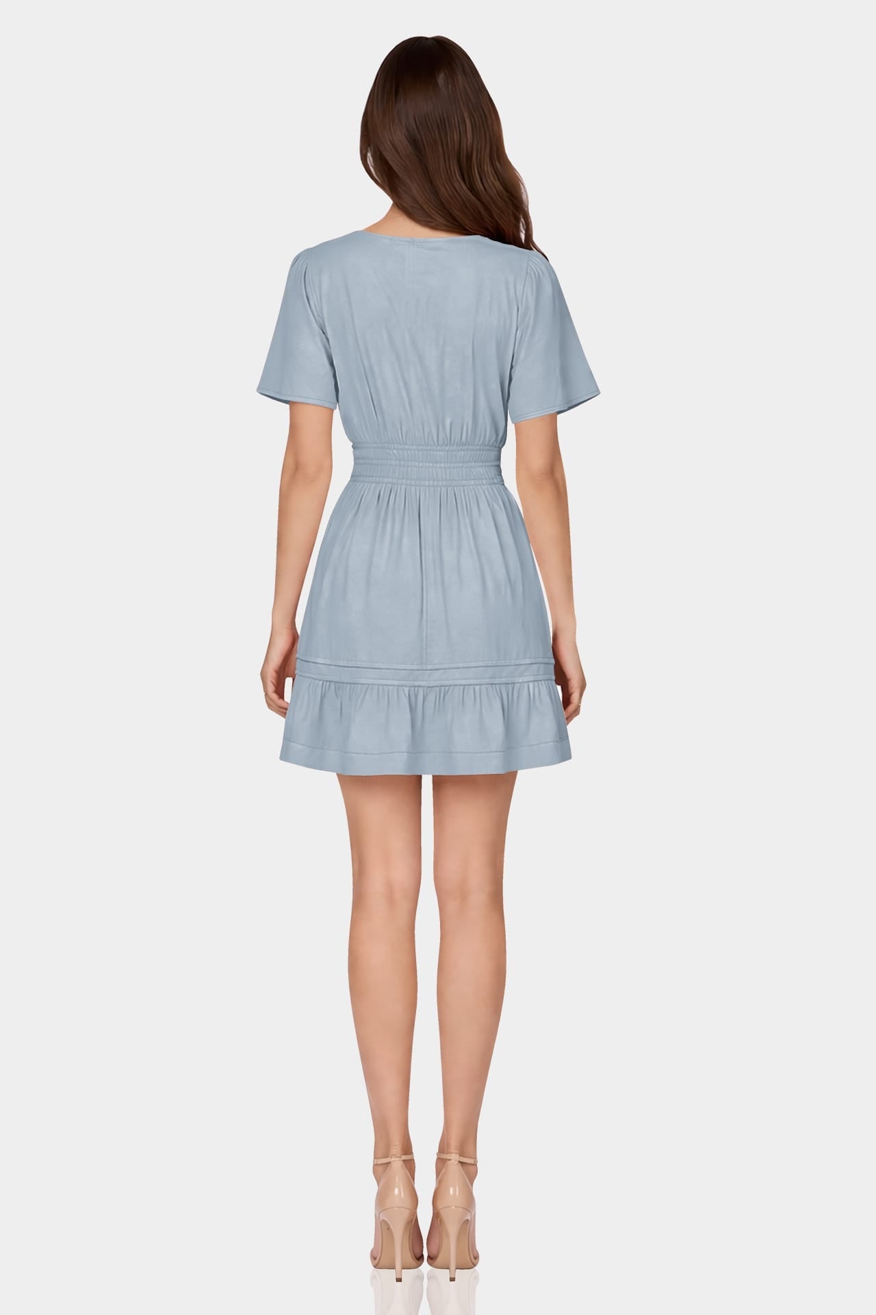 Dusty Blue Flutter Sleeve Tiered Mini Dress – Brunch Dress