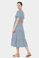 Dusty Blue Smocked Waist Cotton Midi Dress for Women – Business Casual & Everyday Wear
