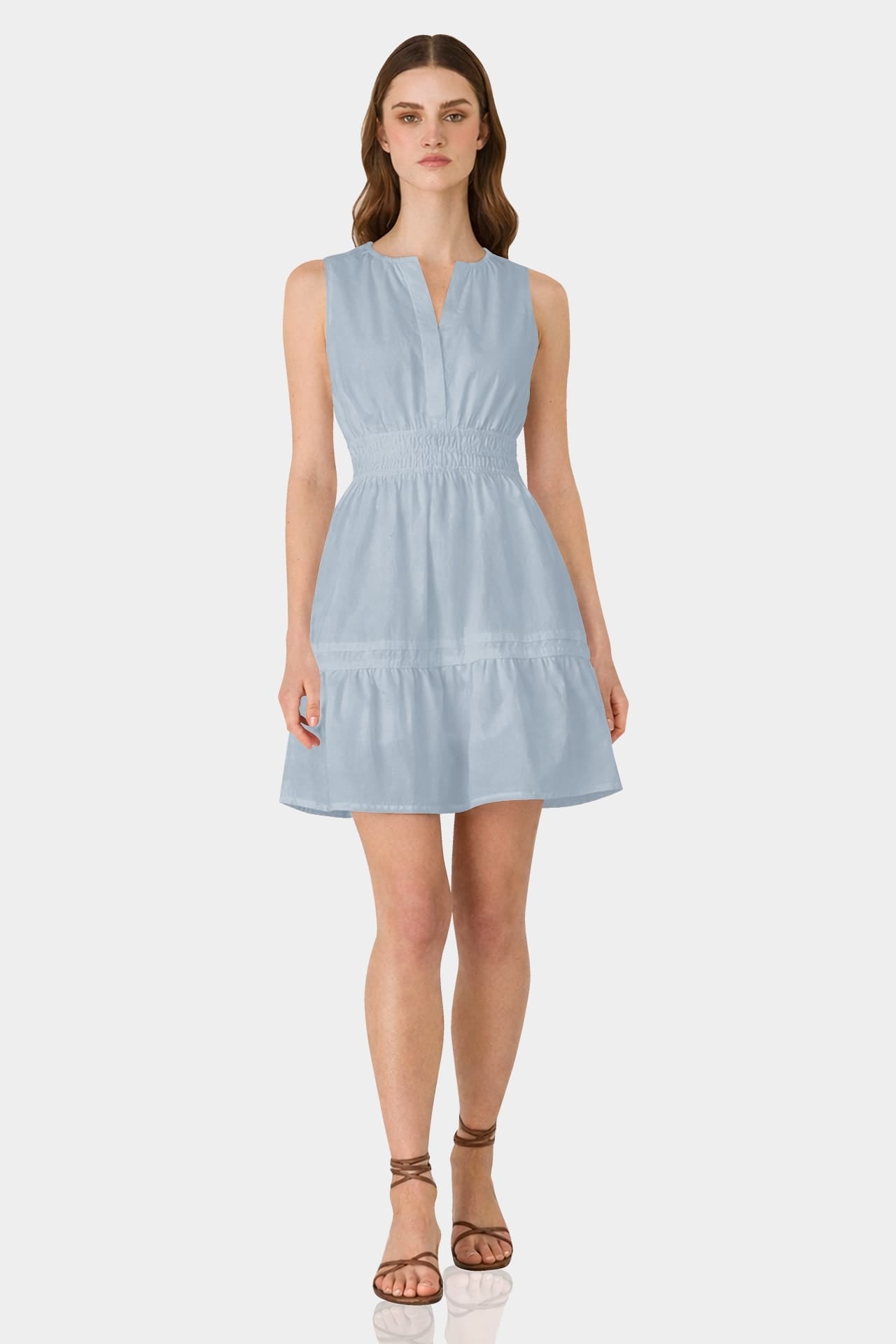 Dusty Blue Sleeveless Smocked Waist Cotton Mini Dress – Brunch Date Dress