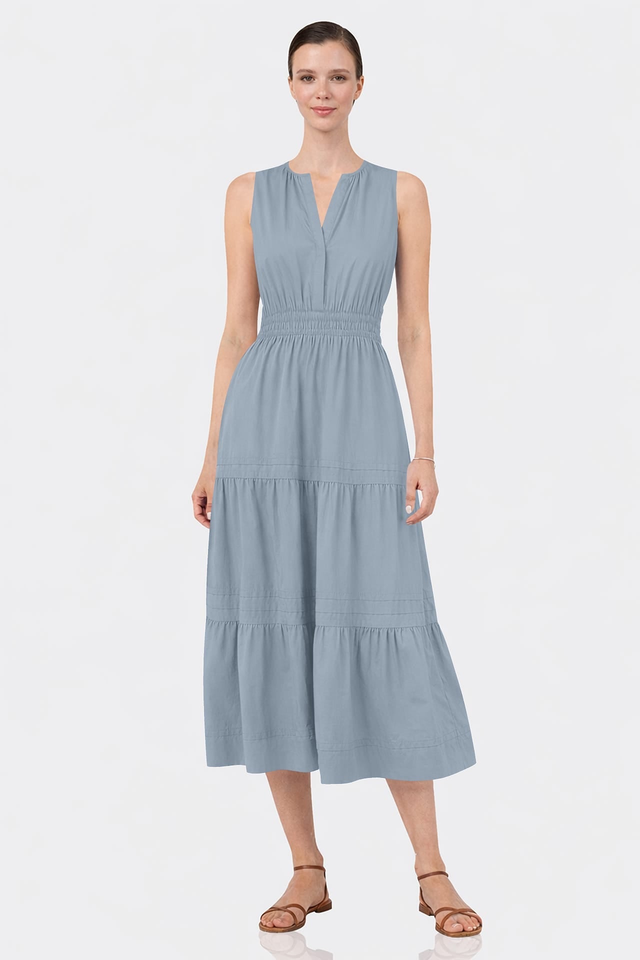 Dusty Blue Sleeveless Cotton Poplin Midi Dress – Business Casual Midi Dress