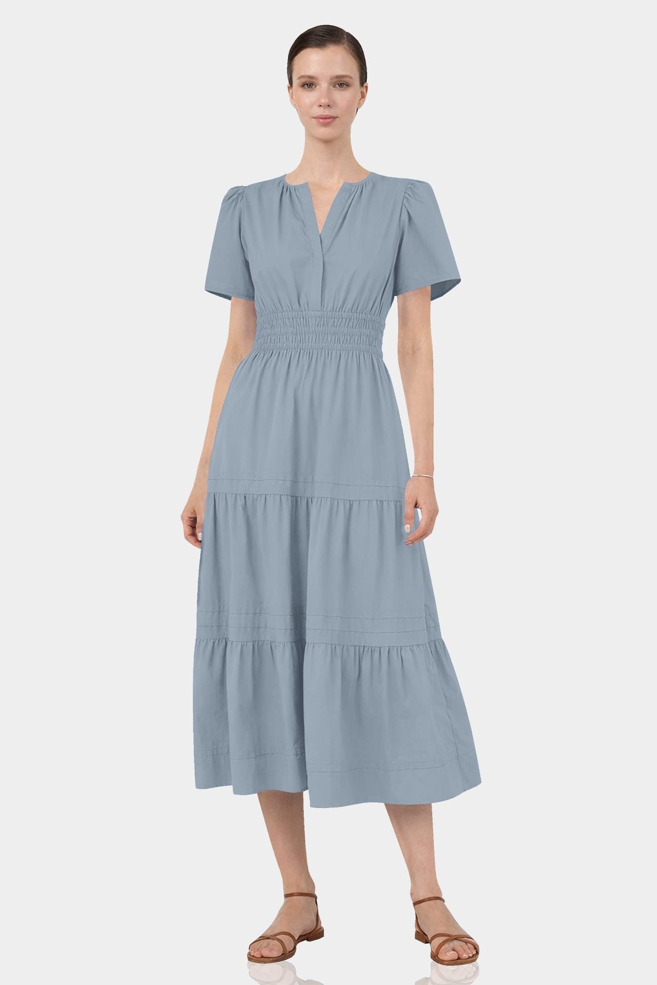 Dusty Blue Smocked Waist Cotton Midi Dress for Women – Business Casual & Everyday Wear