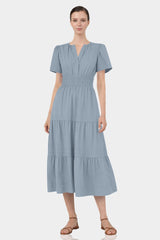 Dusty Blue Smocked Waist Cotton Midi Dress for Women – Business Casual & Everyday Wear