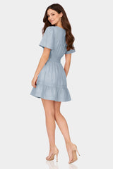 Dusty Blue Flutter Sleeve Tiered Mini Dress – Brunch Dress