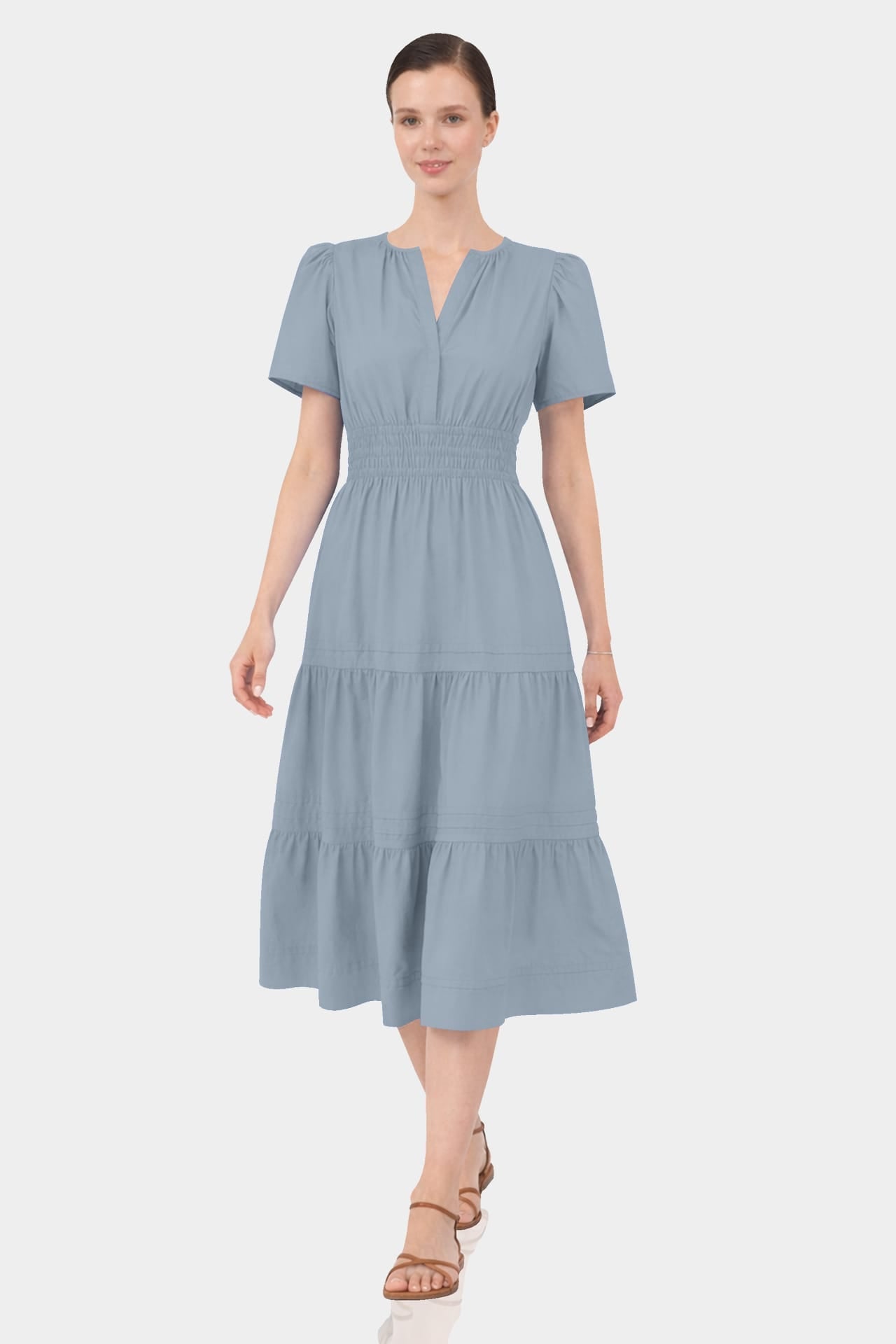 Dusty Blue Smocked Waist Cotton Midi Dress for Women – Business Casual & Everyday Wear