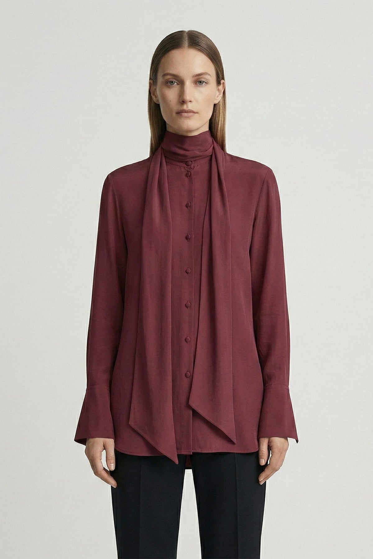 Burgundy  Scarf Tie Neck Blouse