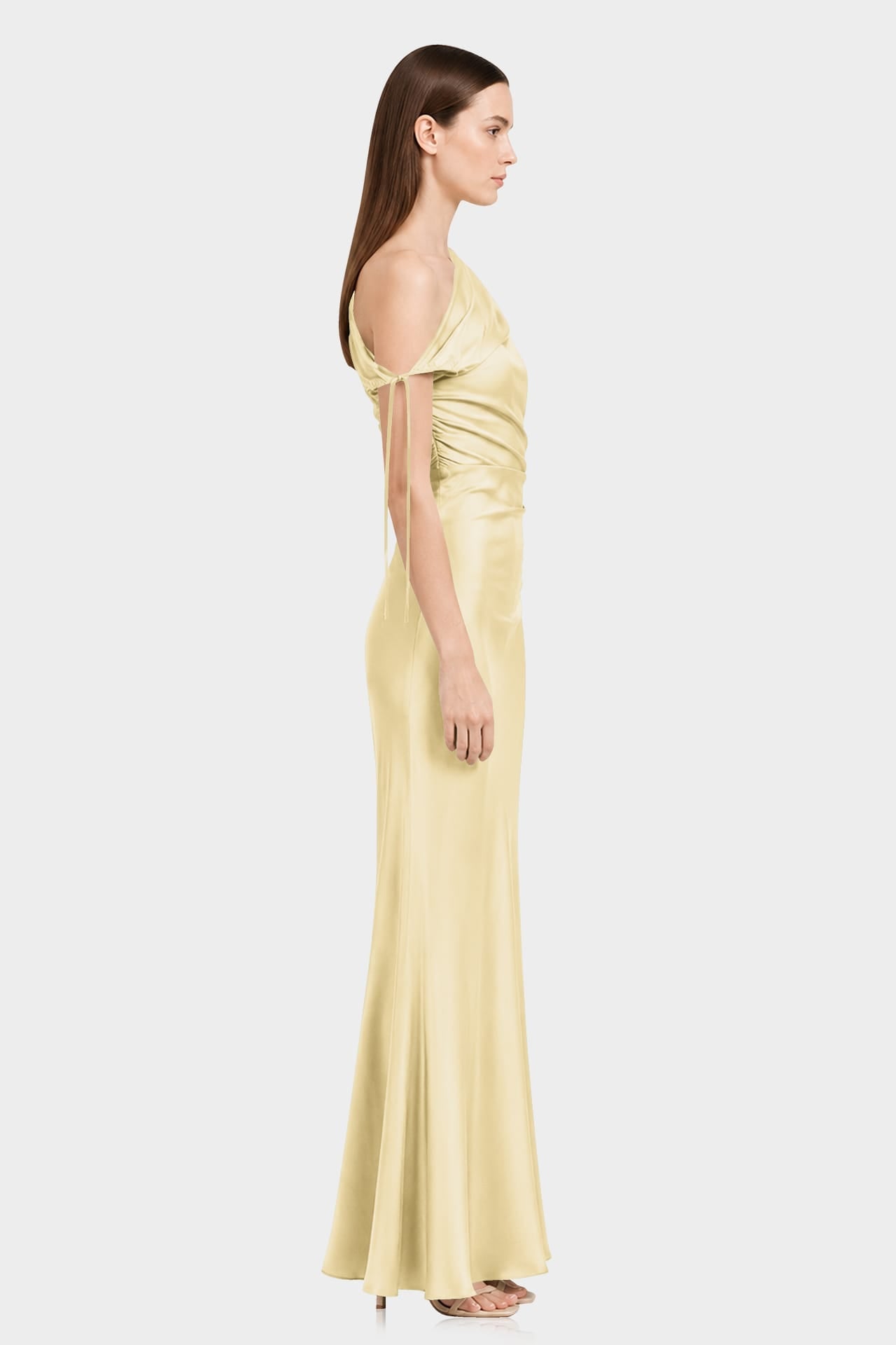 Designer Champagne One Shoulder Satin Gala Dress in Gathered Design - Resort Dinner Dress