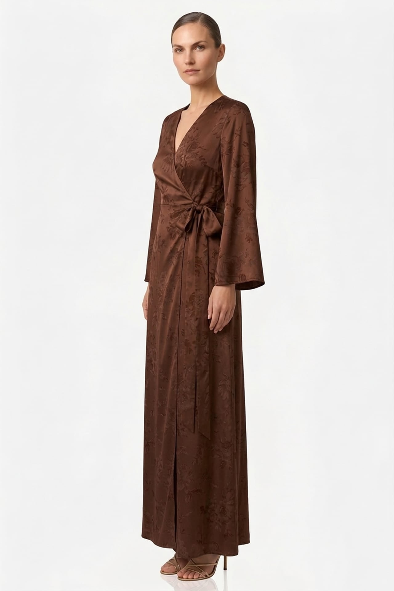 Chocolate Floral Satin Wrap Dress for Bridesmaids & Wedding Guests