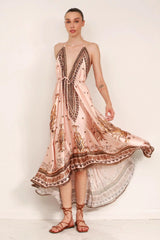 Creme Geometric Silk Scarf Maxi Dress