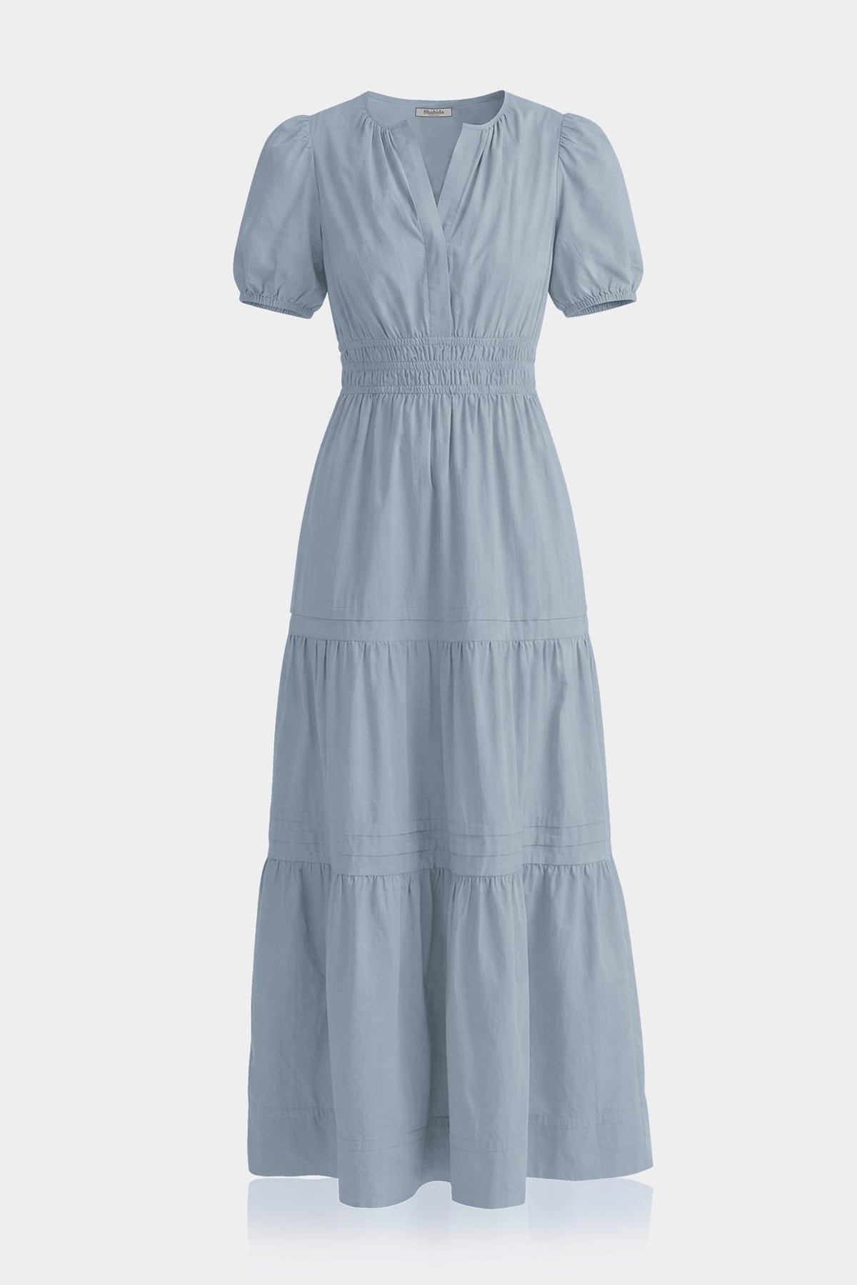 Dusty Blue Smocked Waist Cotton Tiered Maxi Dress