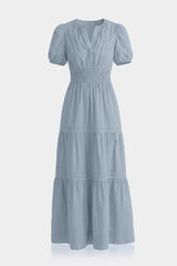 Dusty Blue Smocked Waist Cotton Tiered Maxi Dress