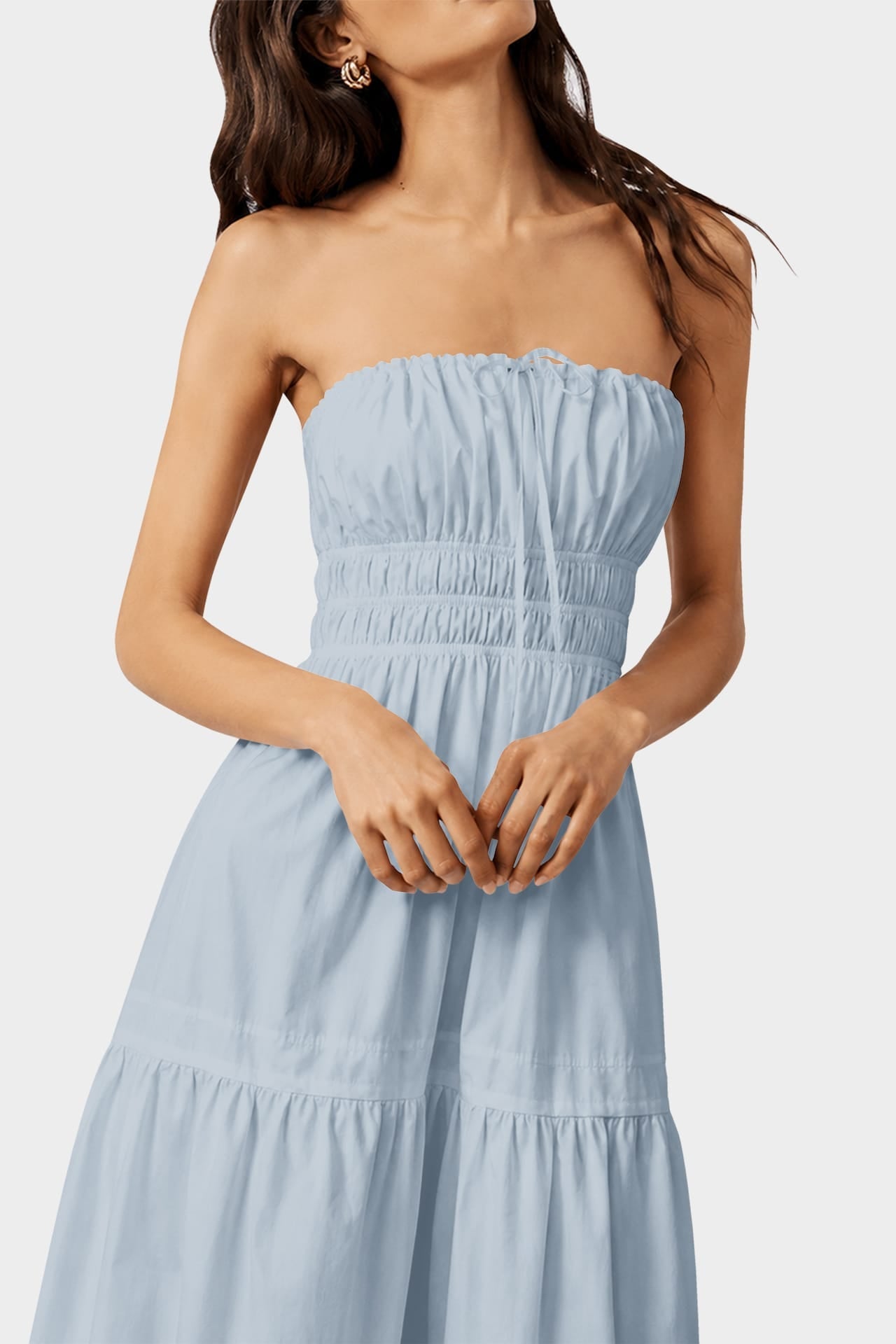 Dusty Blue Strapless Flowy Cotton Maxi Dress for Destination Weddings