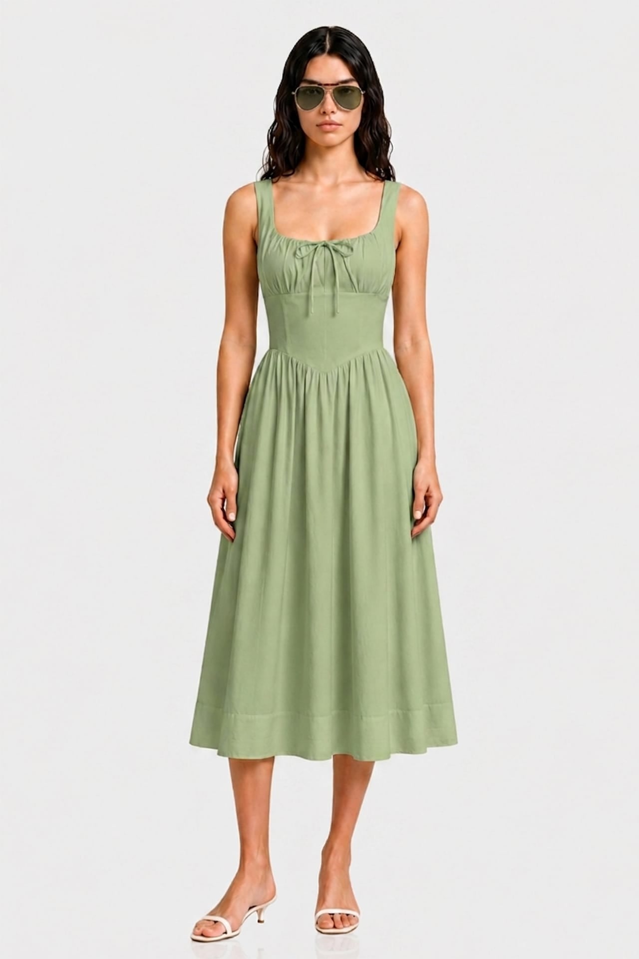 Contemporary Sage Linen Square Neck Midi Dress – Garden Party Dress for Women