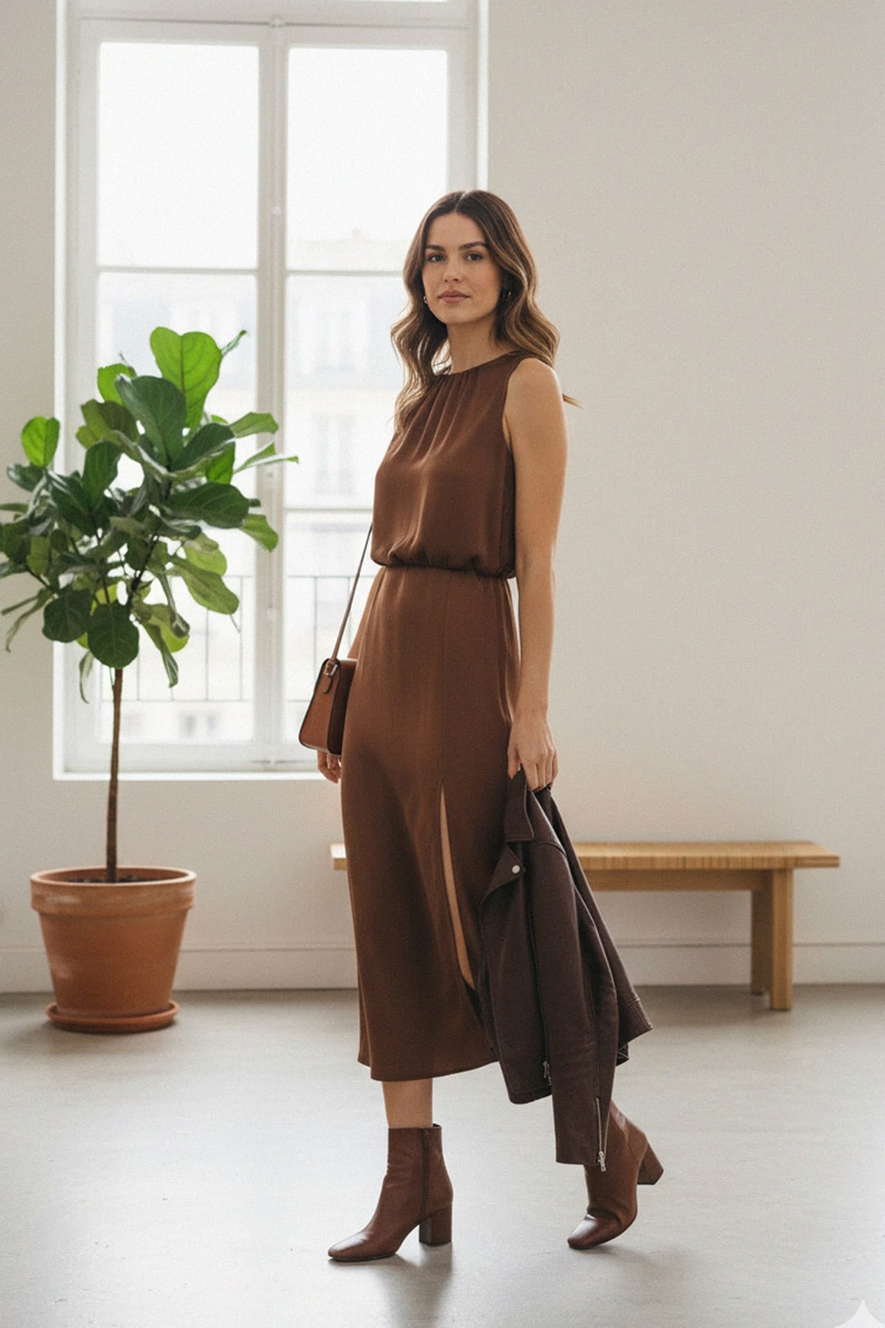 Brown Midi Dress with Side Slit
