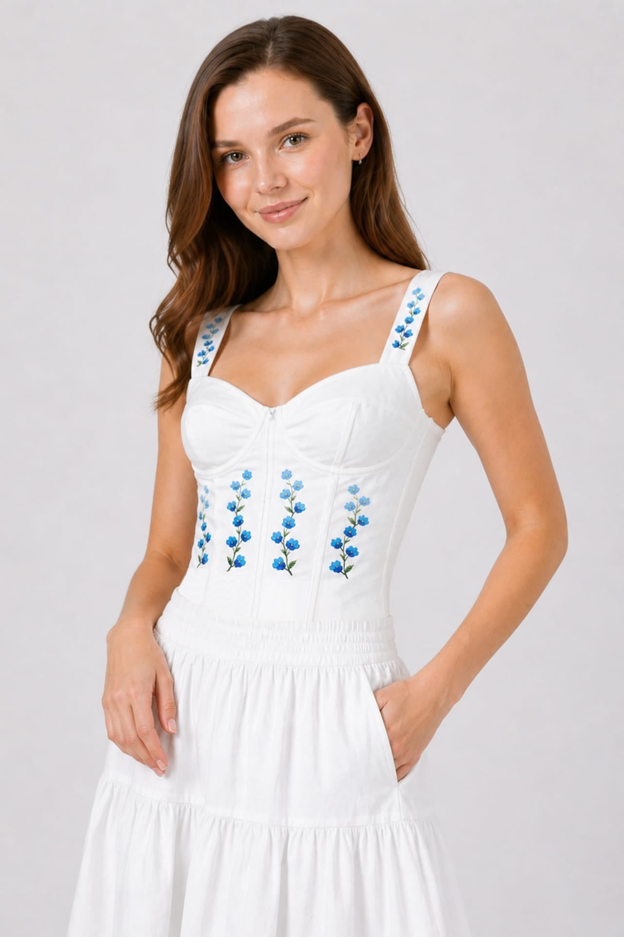 White Floral Bustier Crop Top for Beach Cocktail Nights & Summer Getaway Looks