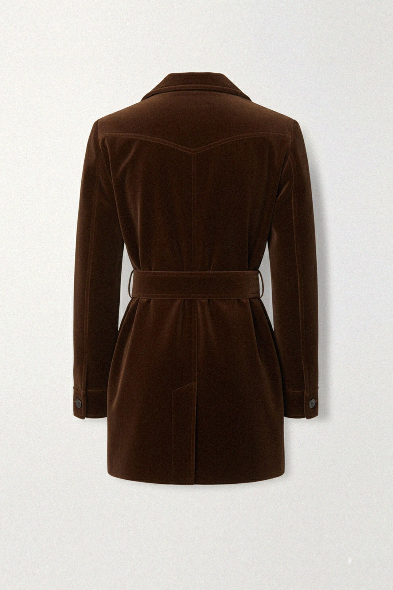 Brown Velvet Belted Longline Coat for Women