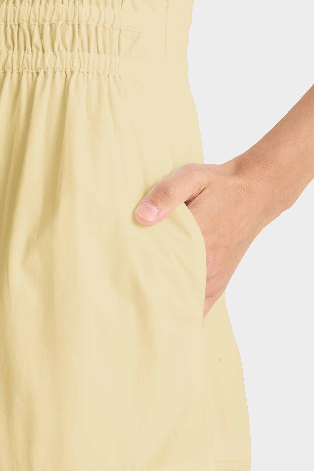 Champagne Sleeveless Cotton Poplin Midi Dress – Smocked Waist Work Dress