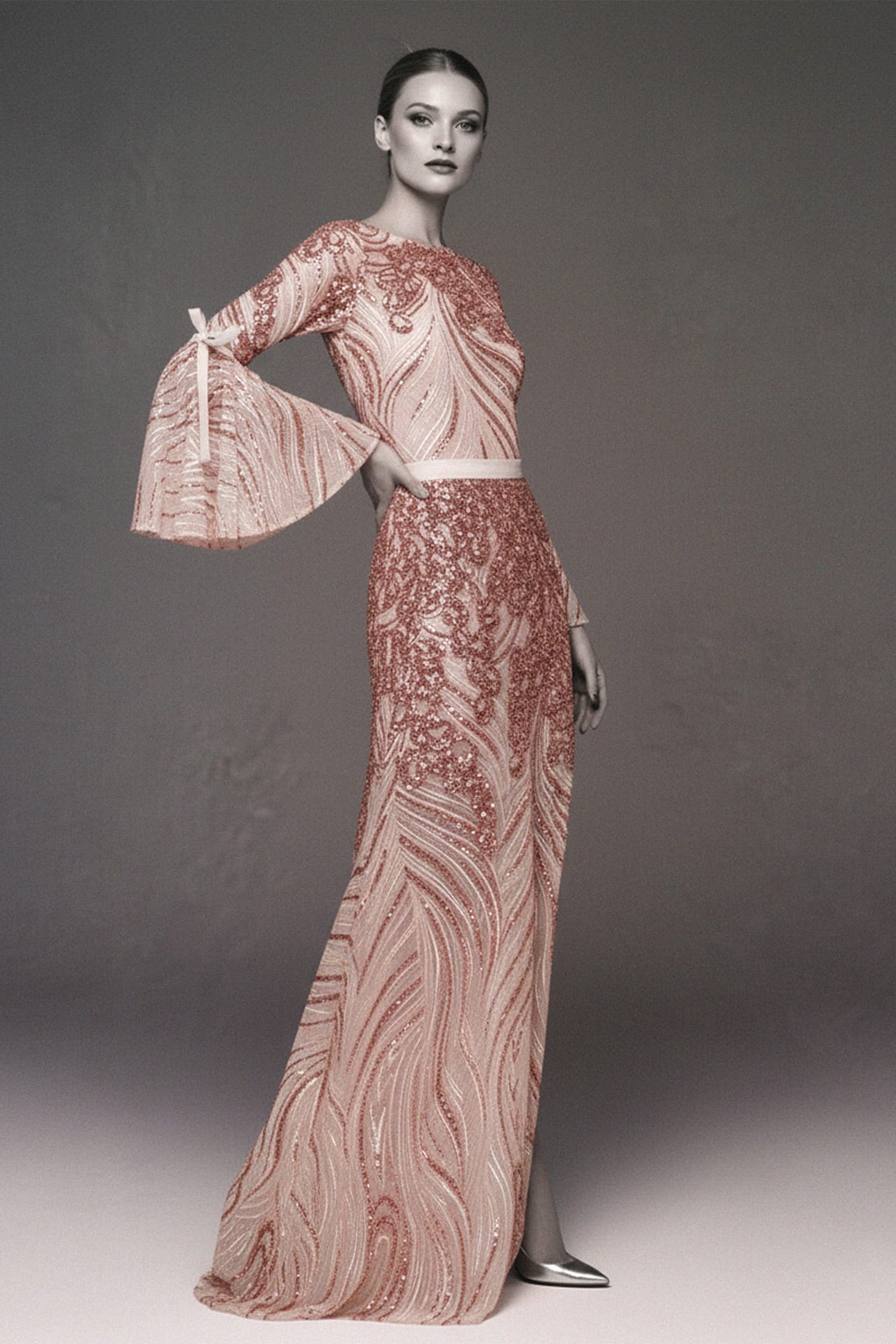 Blush Bow Tie Bell Sleeves Embellished Gown