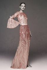 Blush Bow Tie Bell Sleeves Embellished Gown