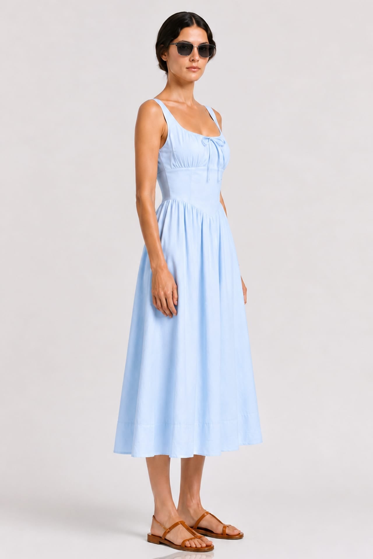 Sky Blue Linen Corset Midi Dress with Square Neckline – Bridal Shower Dress