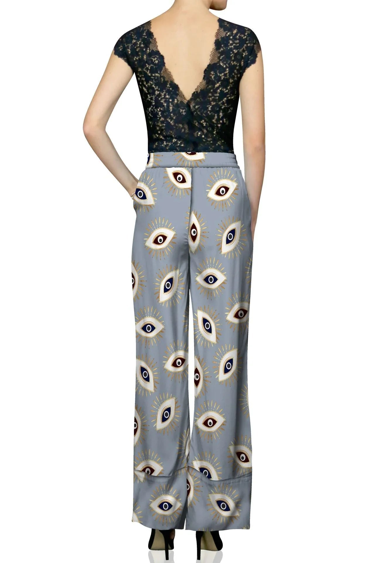 Cupro Sustainable Biodegradable Fabrics Silk Designer Pants In Evil Eye