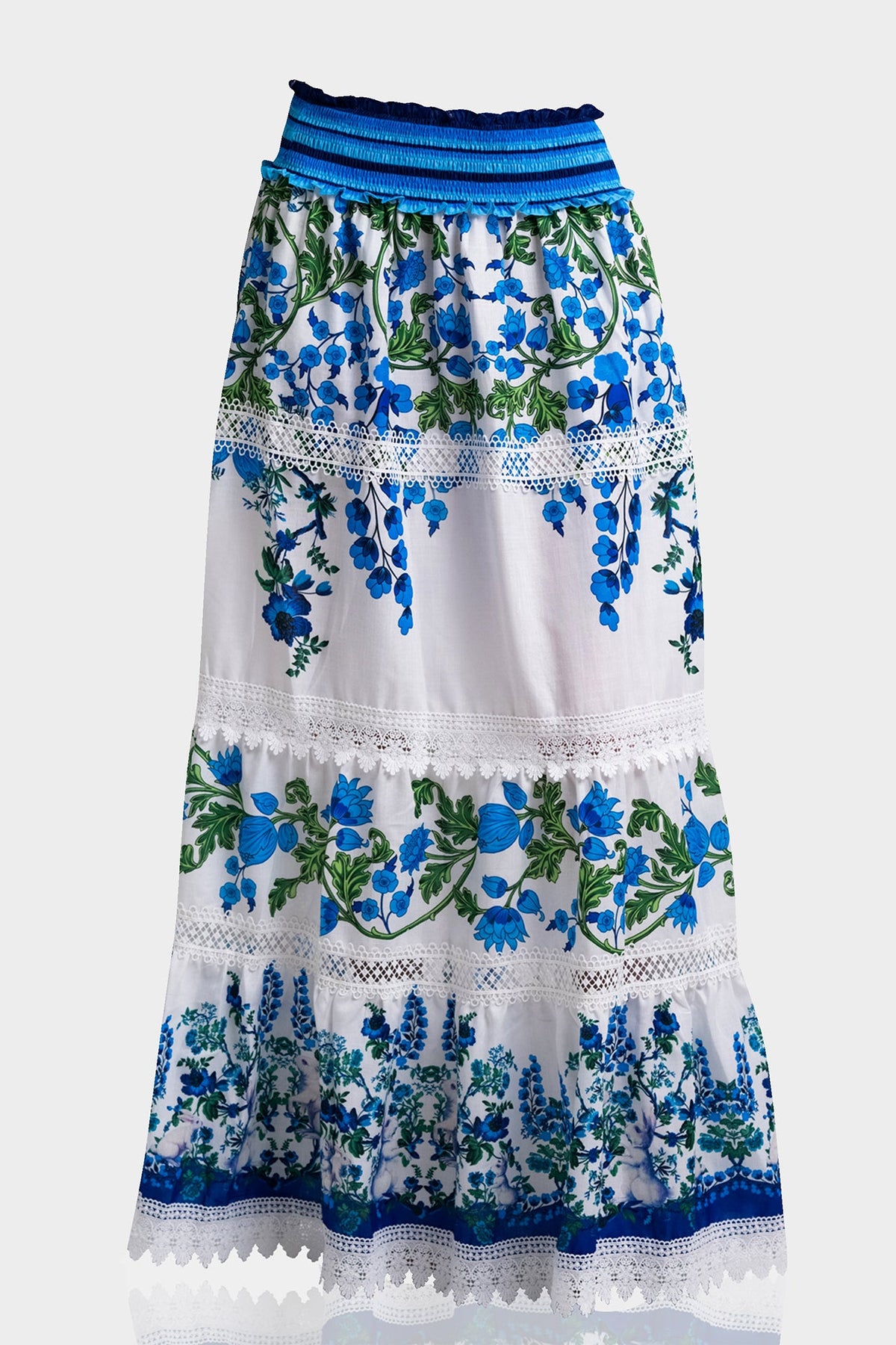 White & Blue Botanical Cotton Maxi Skirt with Guipure Lace Detail