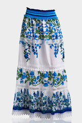 White & Blue Botanical Cotton Maxi Skirt with Guipure Lace Detail