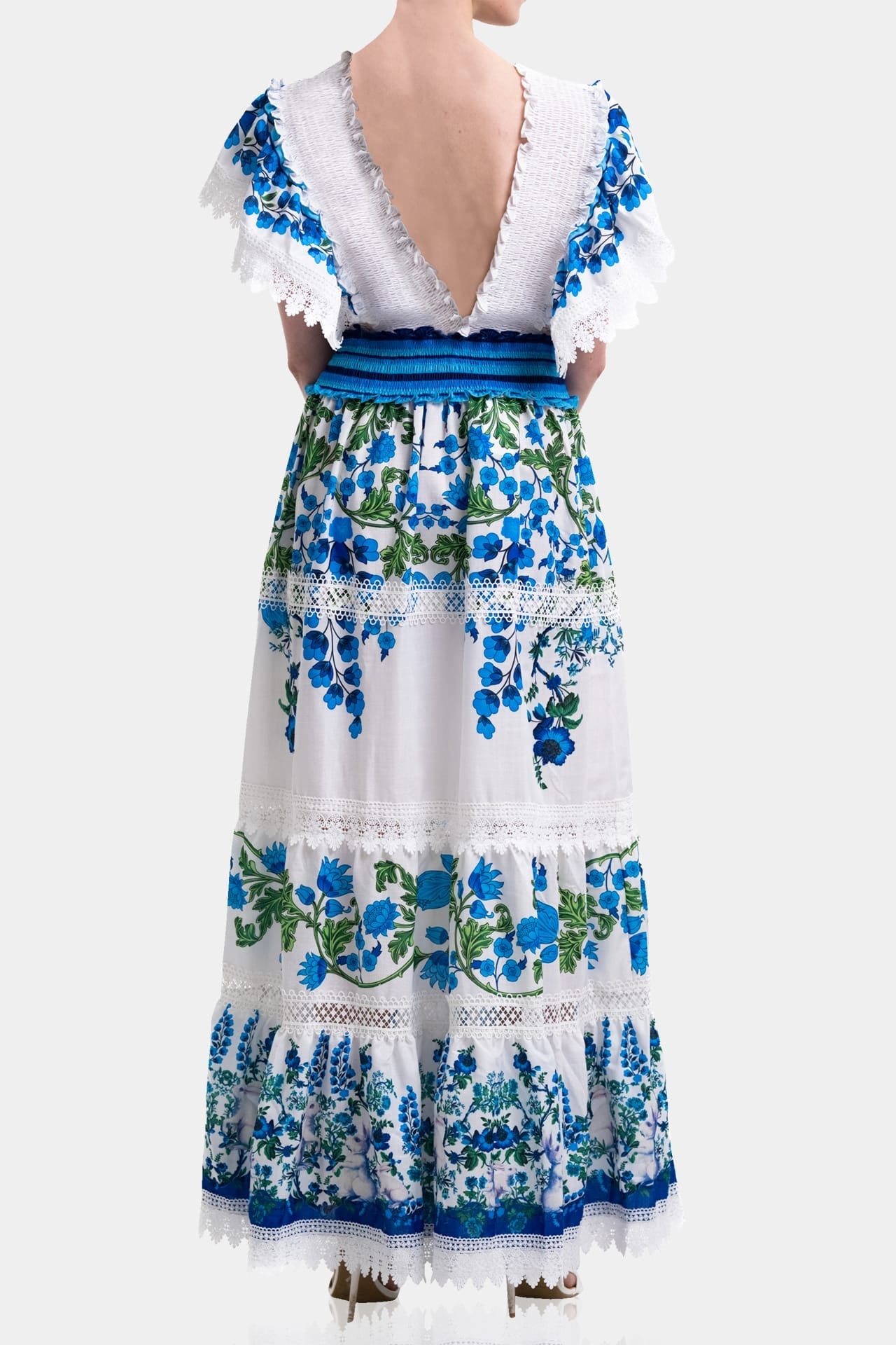 White & Blue Floral Voile Maxi Dress with Guipure Lace & Smocked Waist