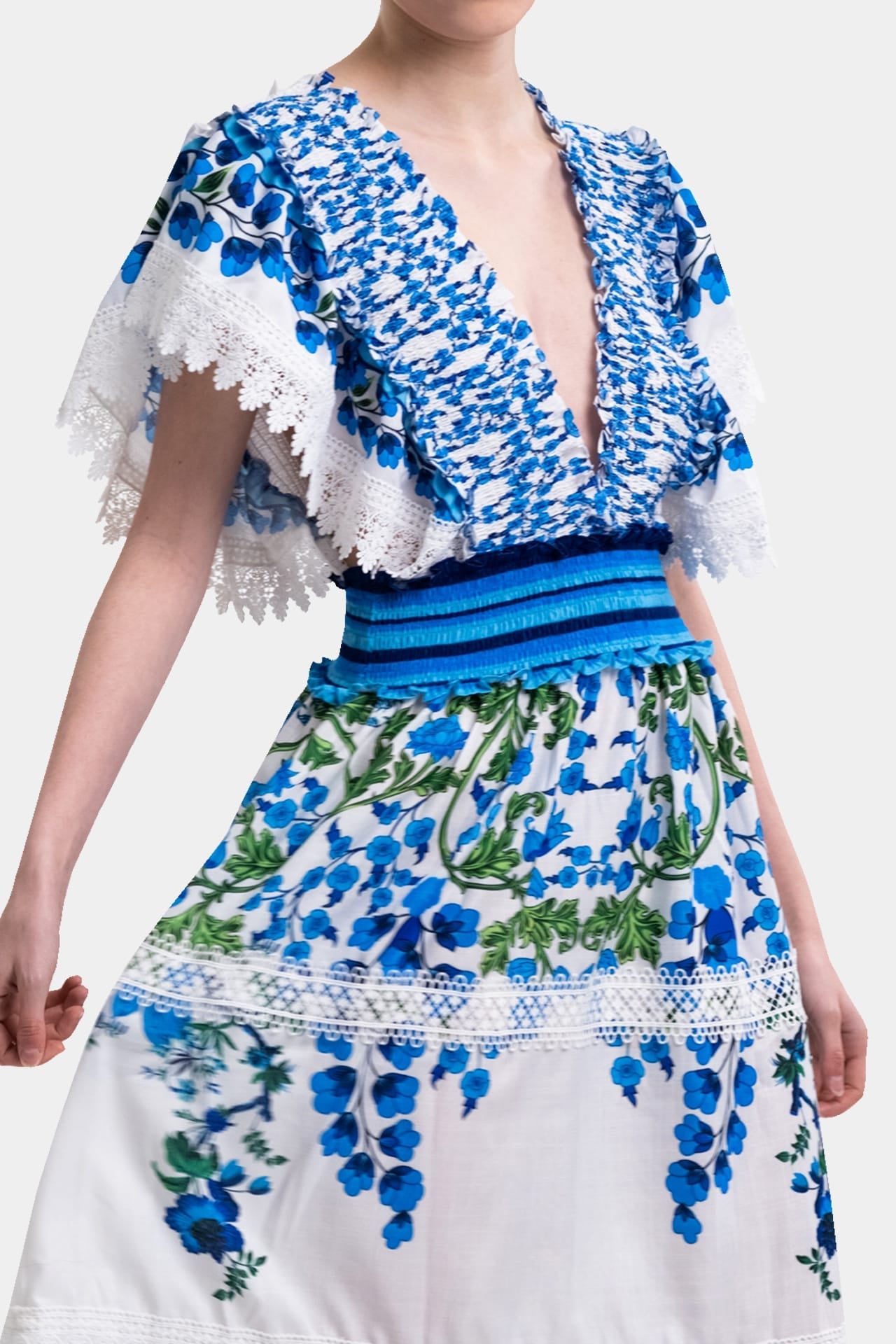 White & Blue Floral Voile Maxi Dress with Guipure Lace & Smocked Waist