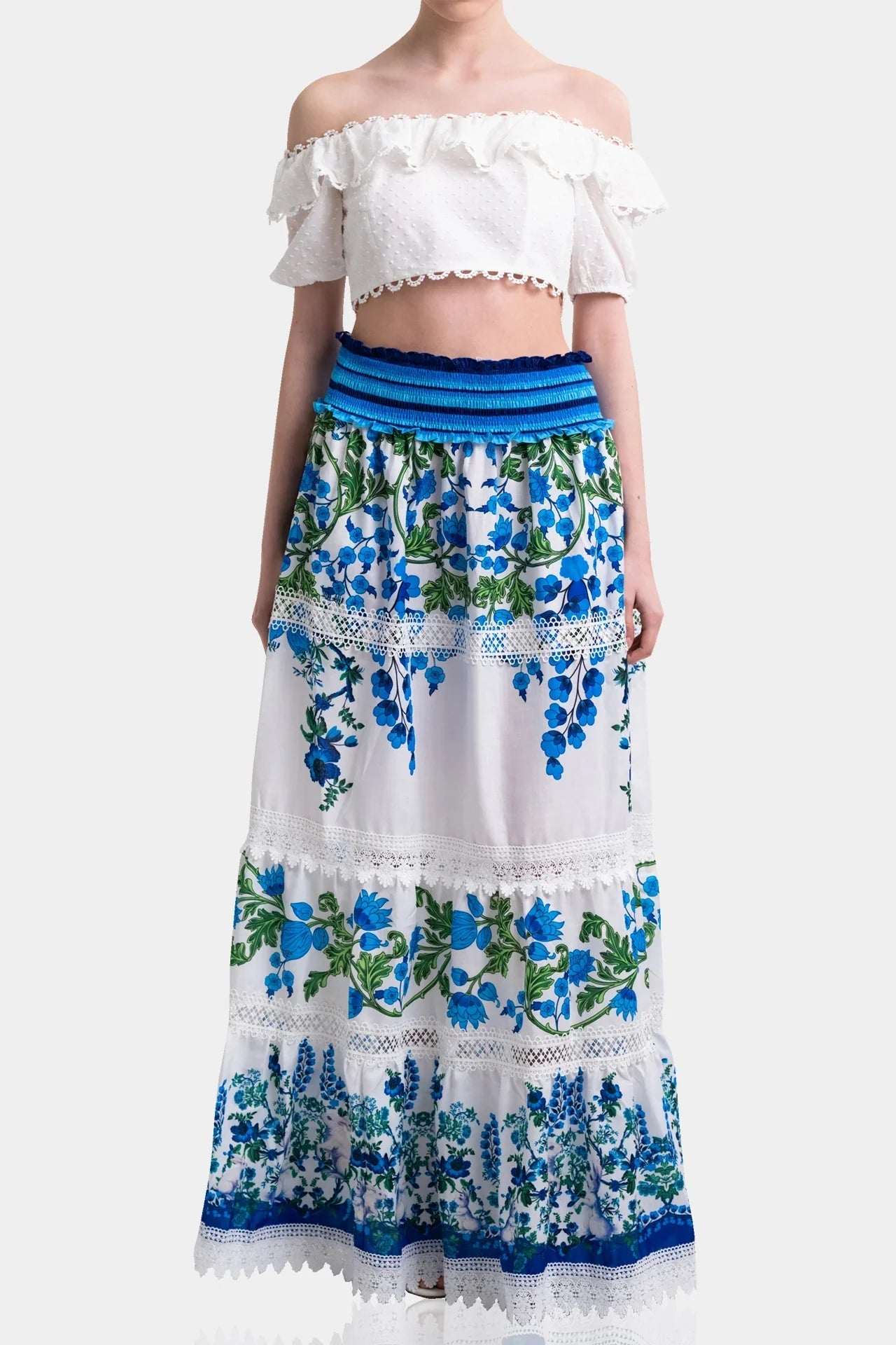 White & Blue Botanical Cotton Maxi Skirt with Guipure Lace Detail