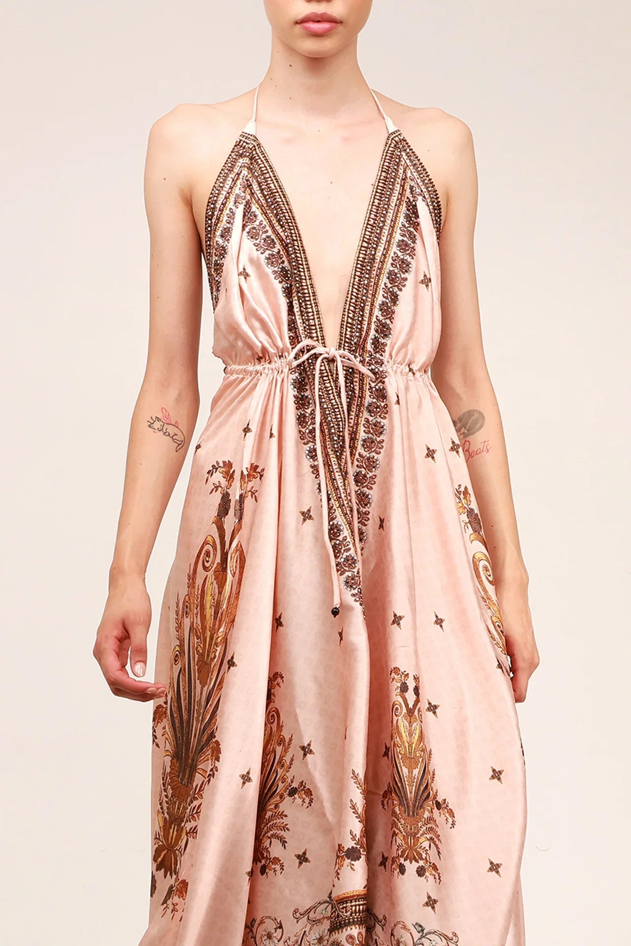 Creme Geometric Silk Scarf Maxi Dress