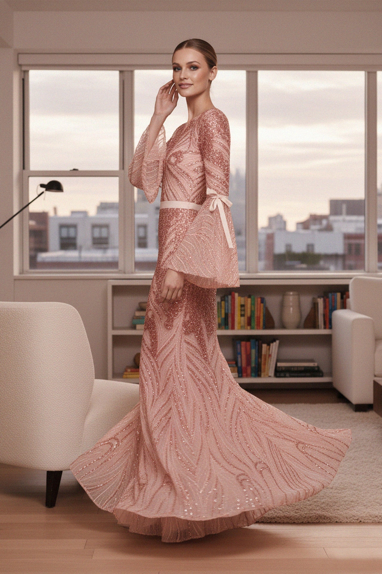 Blush Bow Tie Bell Sleeves Embellished Gown