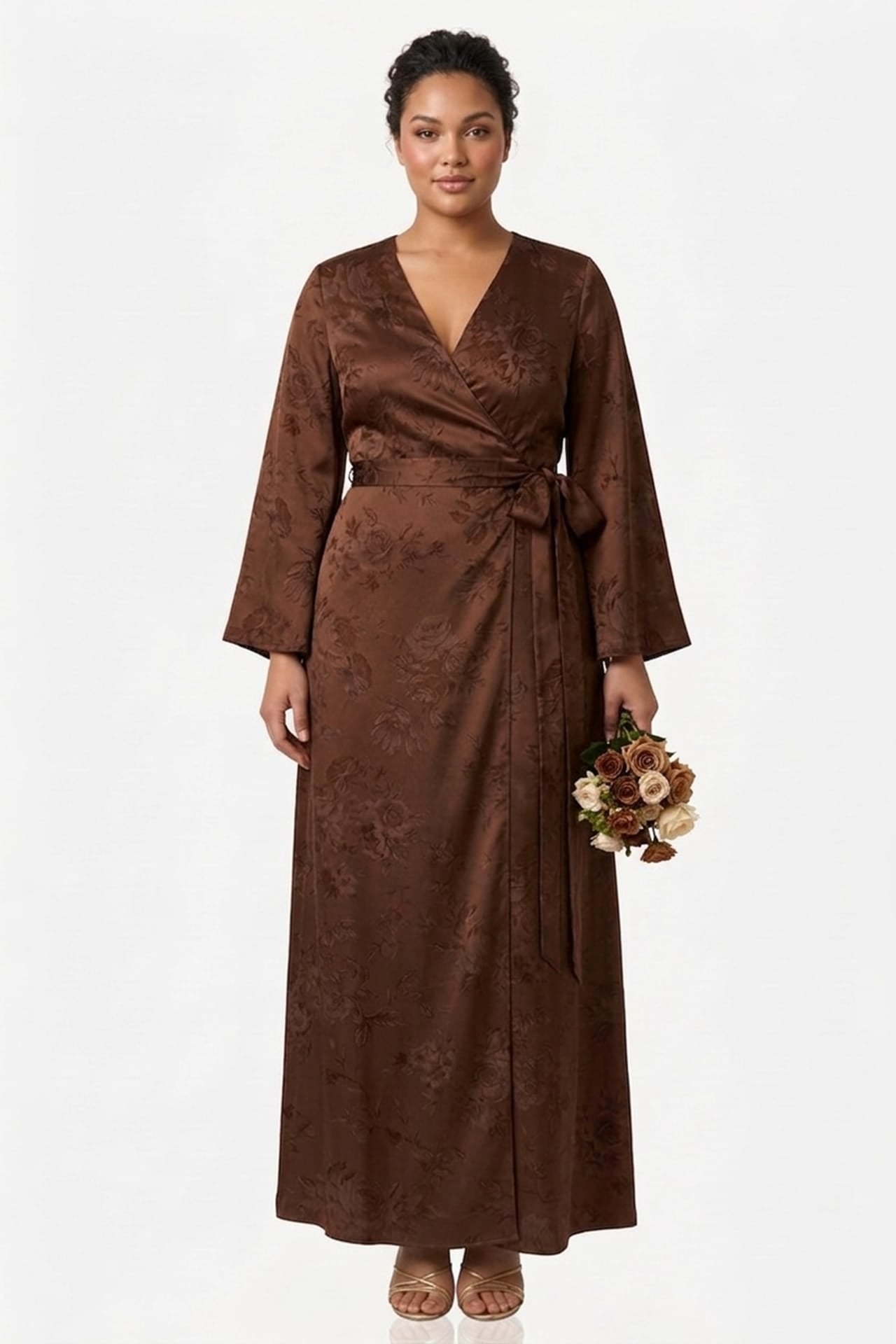 Chocolate Floral Satin Wrap Dress for Bridesmaids & Wedding Guests