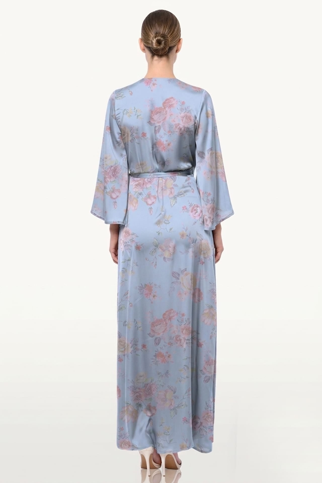Powder Blue Floral Satin Wrap Dress for Garden Weddings & Spring Celebrations
