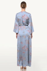 Powder Blue Floral Satin Wrap Dress for Garden Weddings & Spring Celebrations