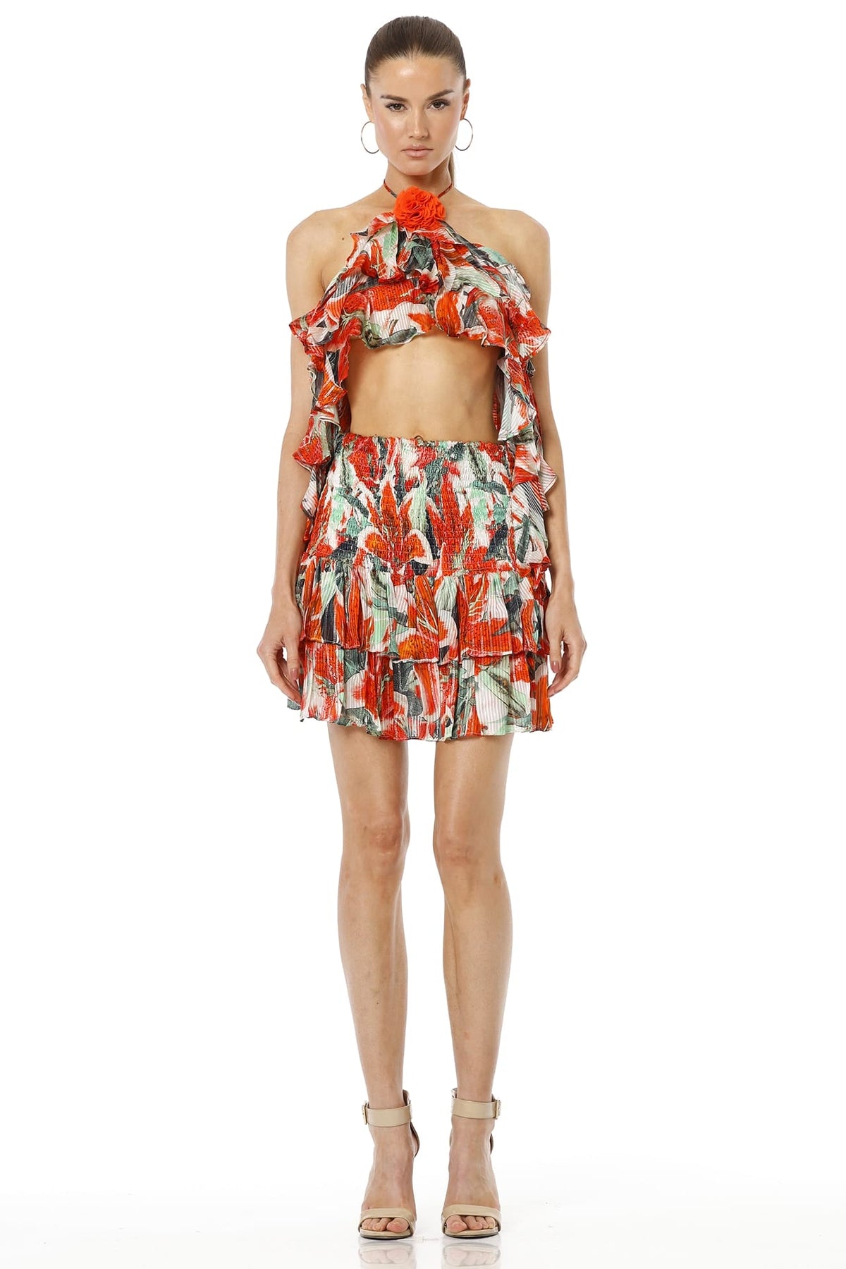 Canaves Epitome Floral Printed Halter Neck Ruffle Top