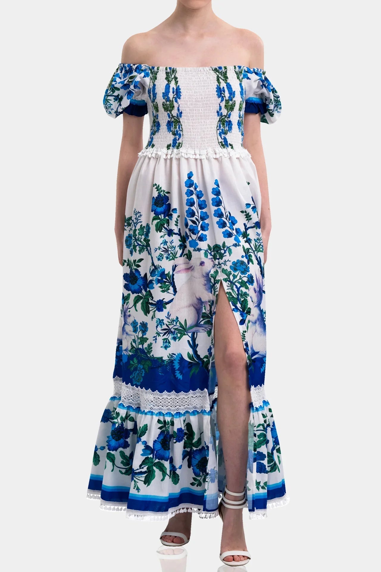 White & Blue Floral Voile Maxi Dress with Guipure Lace Trim