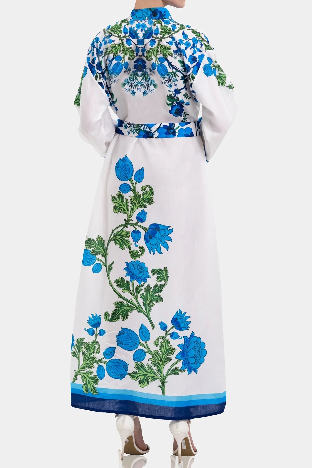 White & Blue Floral Cotton Maxi Shirt Dress with Full Sleeves