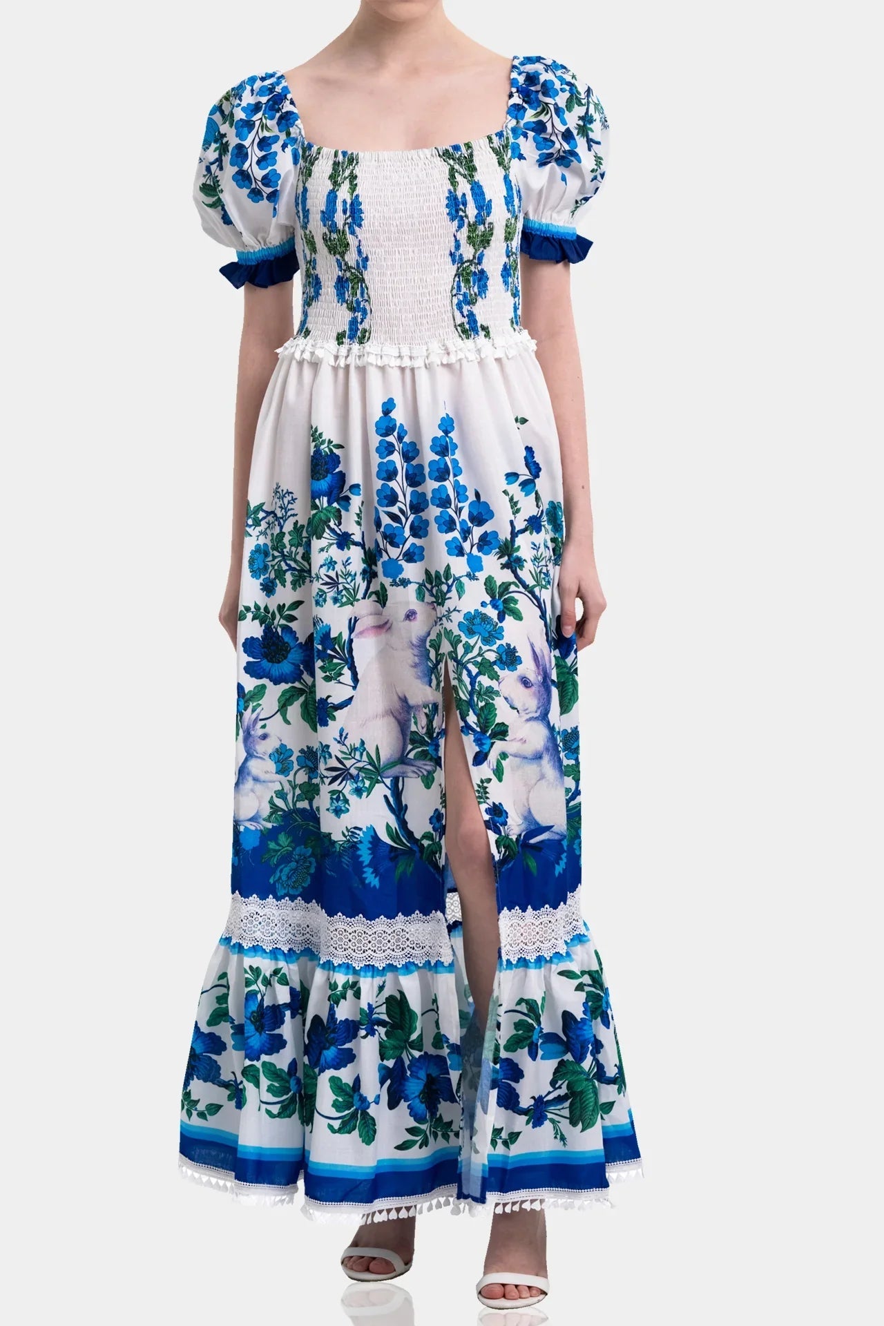 White & Blue Floral Voile Maxi Dress with Guipure Lace Trim