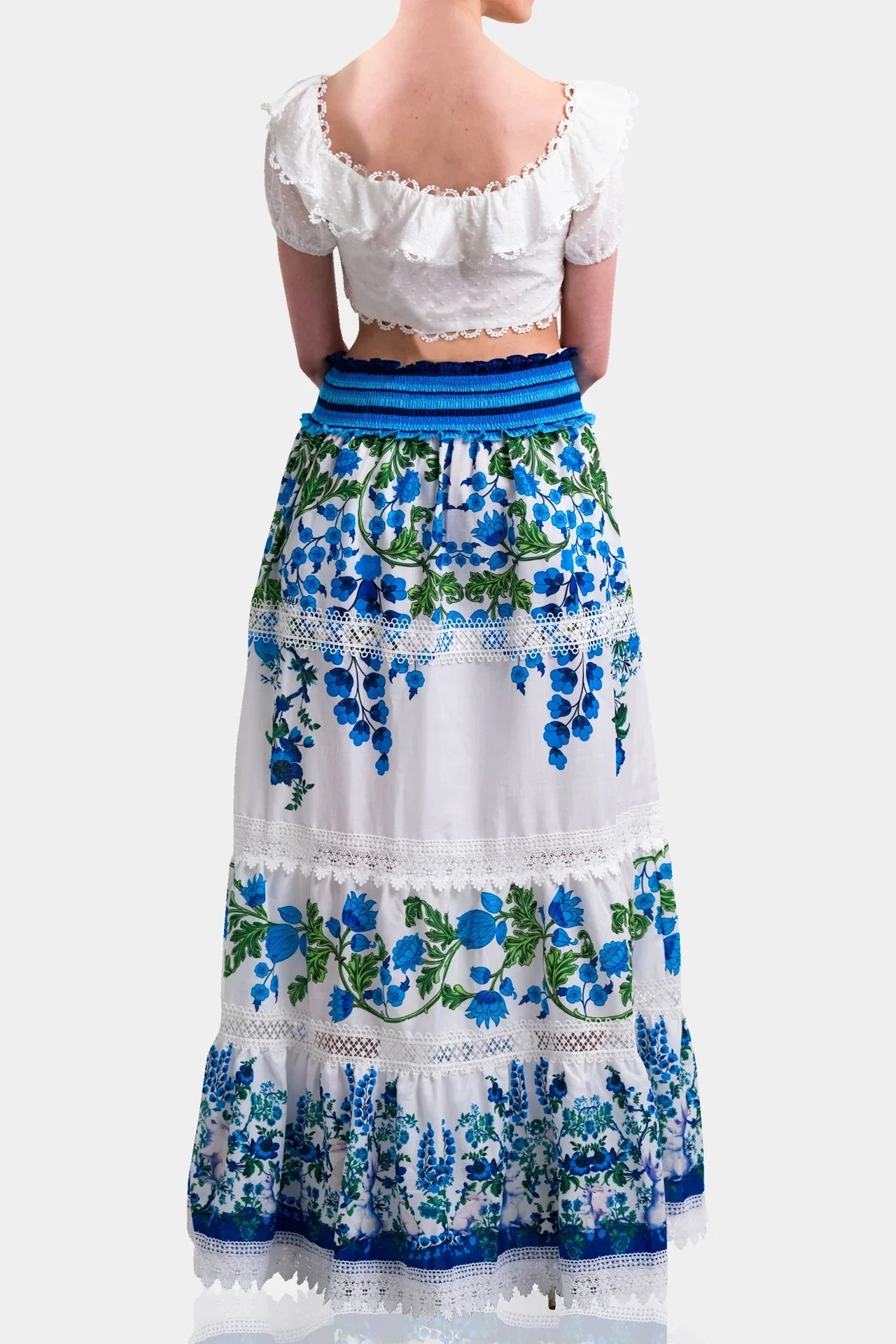 White & Blue Botanical Cotton Maxi Skirt with Guipure Lace Detail