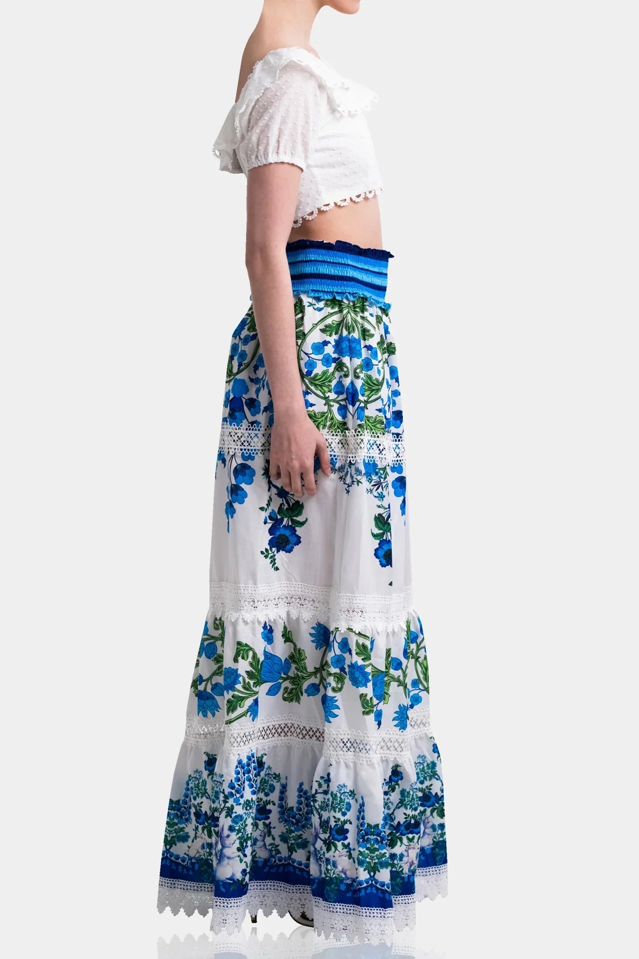 White & Blue Botanical Cotton Maxi Skirt with Guipure Lace Detail