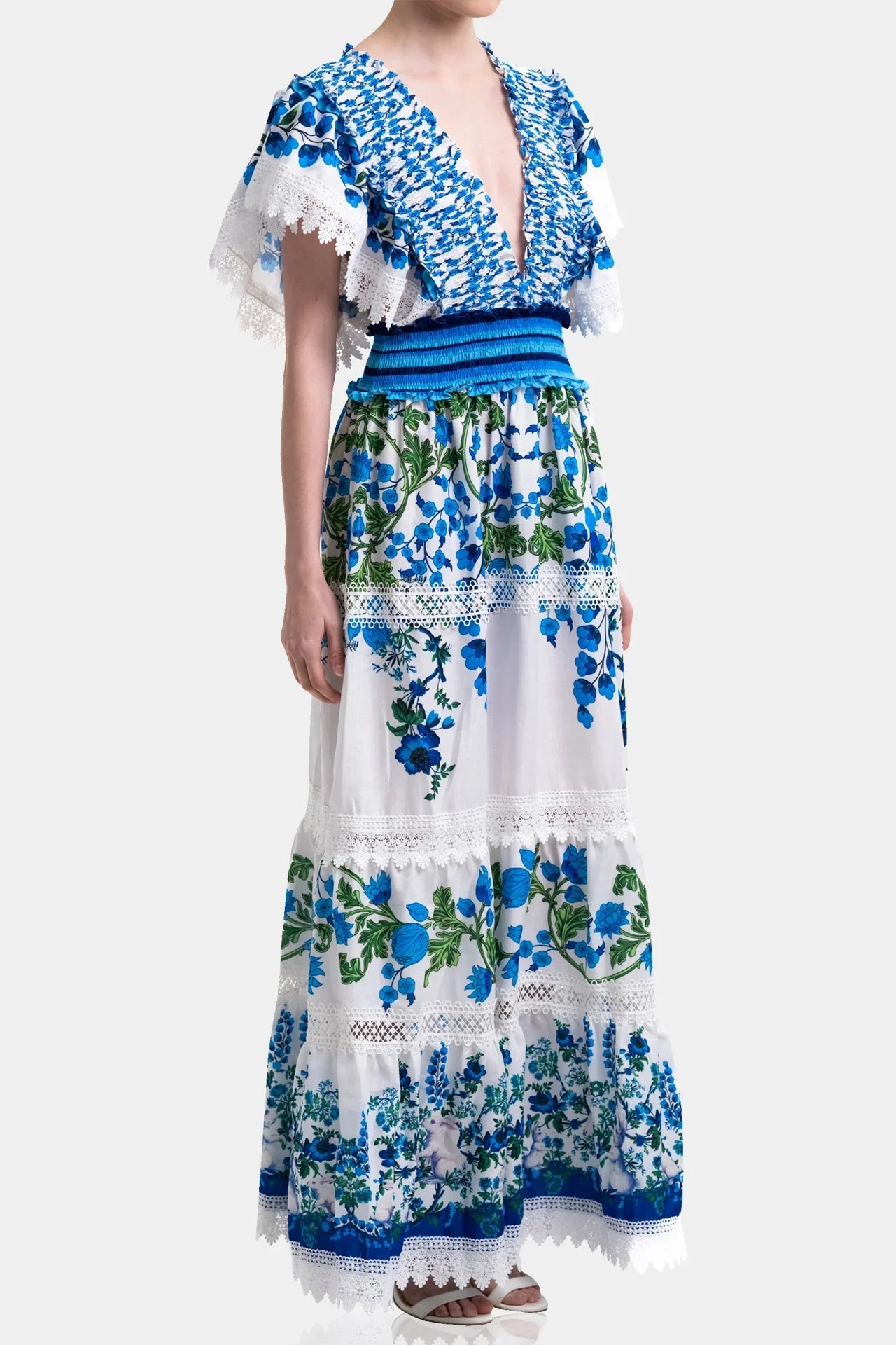 White & Blue Floral Voile Maxi Dress with Guipure Lace & Smocked Waist