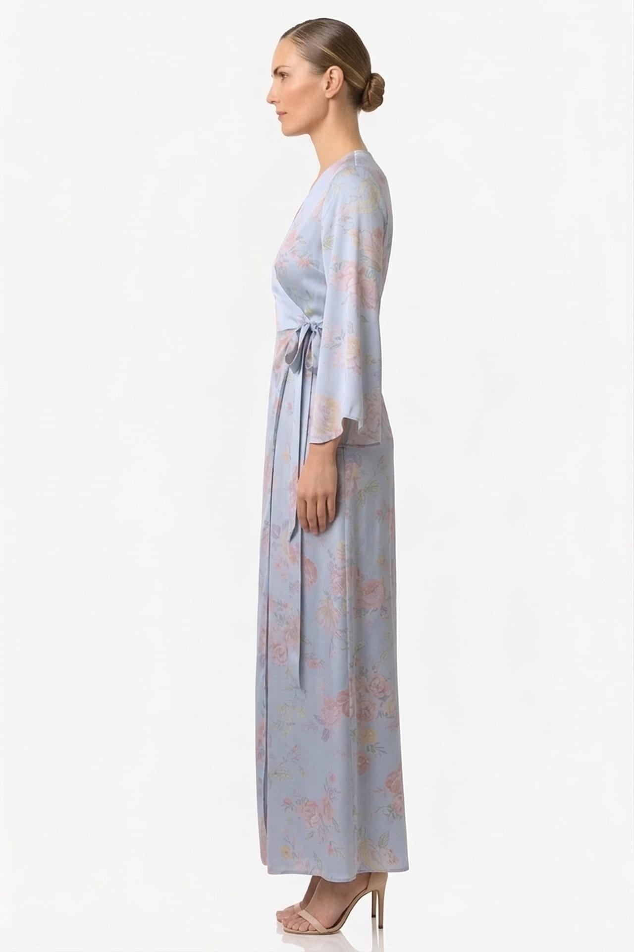 Powder Blue Floral Satin Wrap Dress for Garden Weddings & Spring Celebrations
