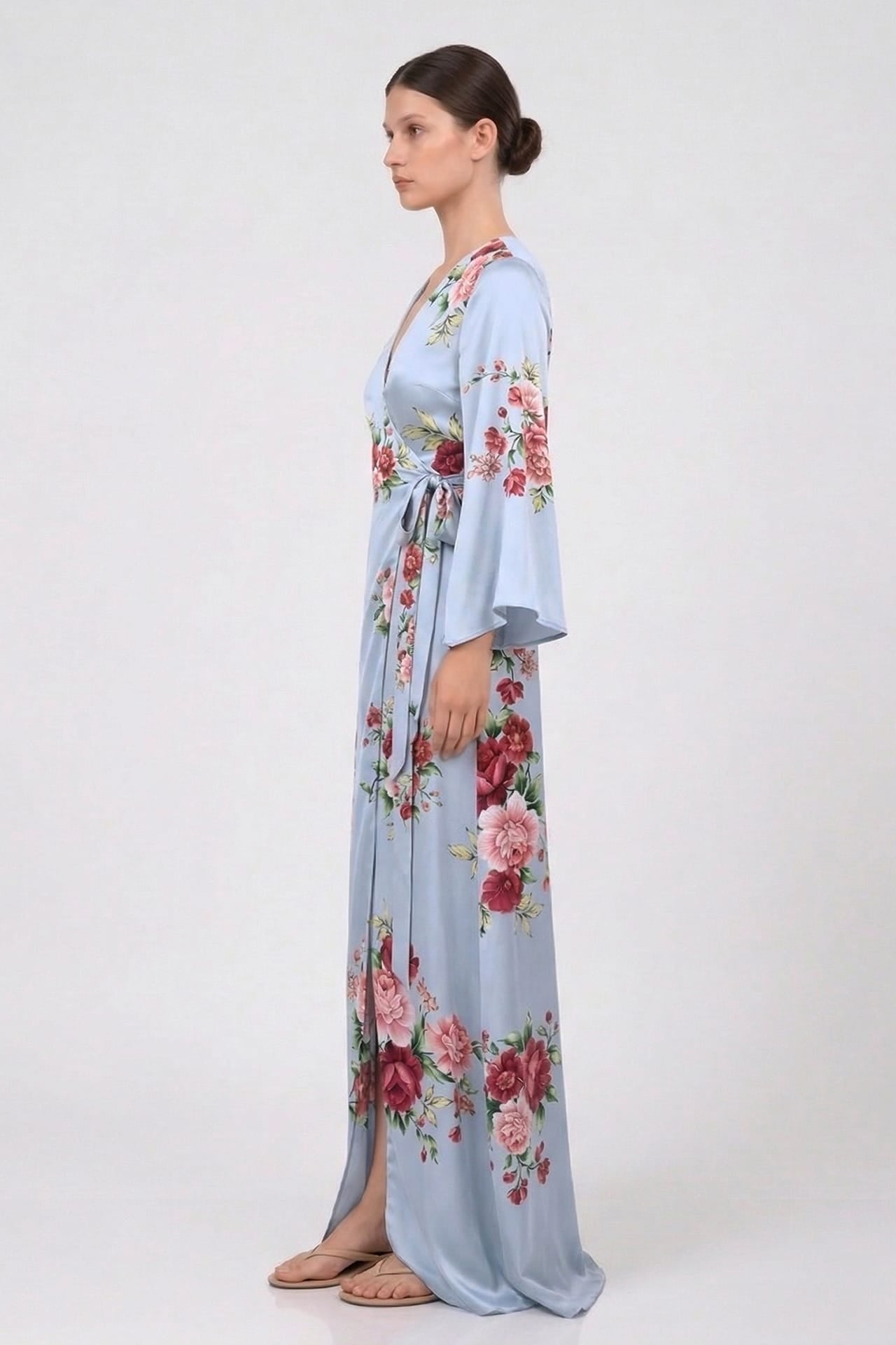 Powder Blue Floral Satin V-Neck Wrap Maxi Dress for Garden Parties