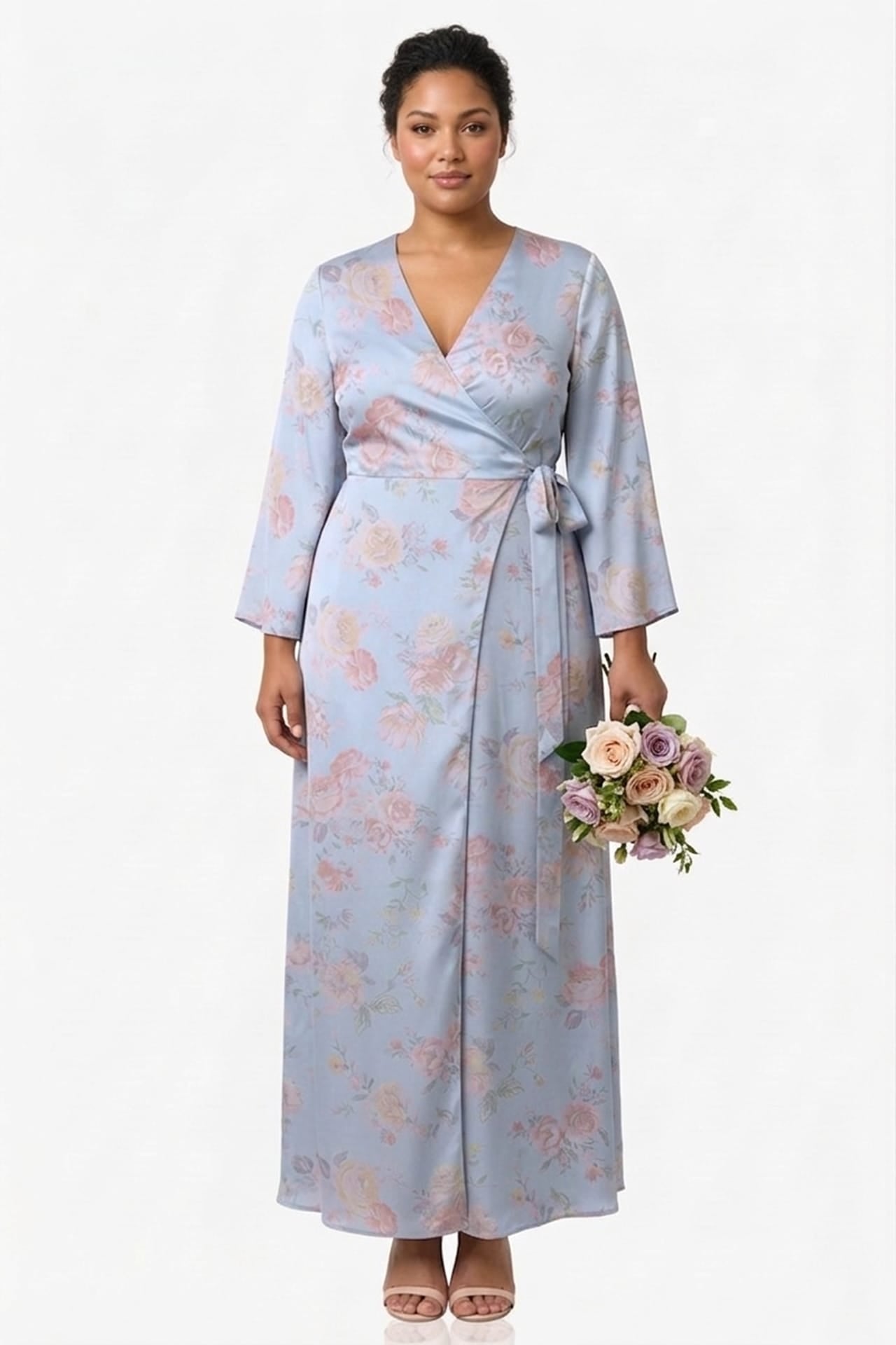 Powder Blue Floral Satin Wrap Dress for Garden Weddings & Spring Celebrations
