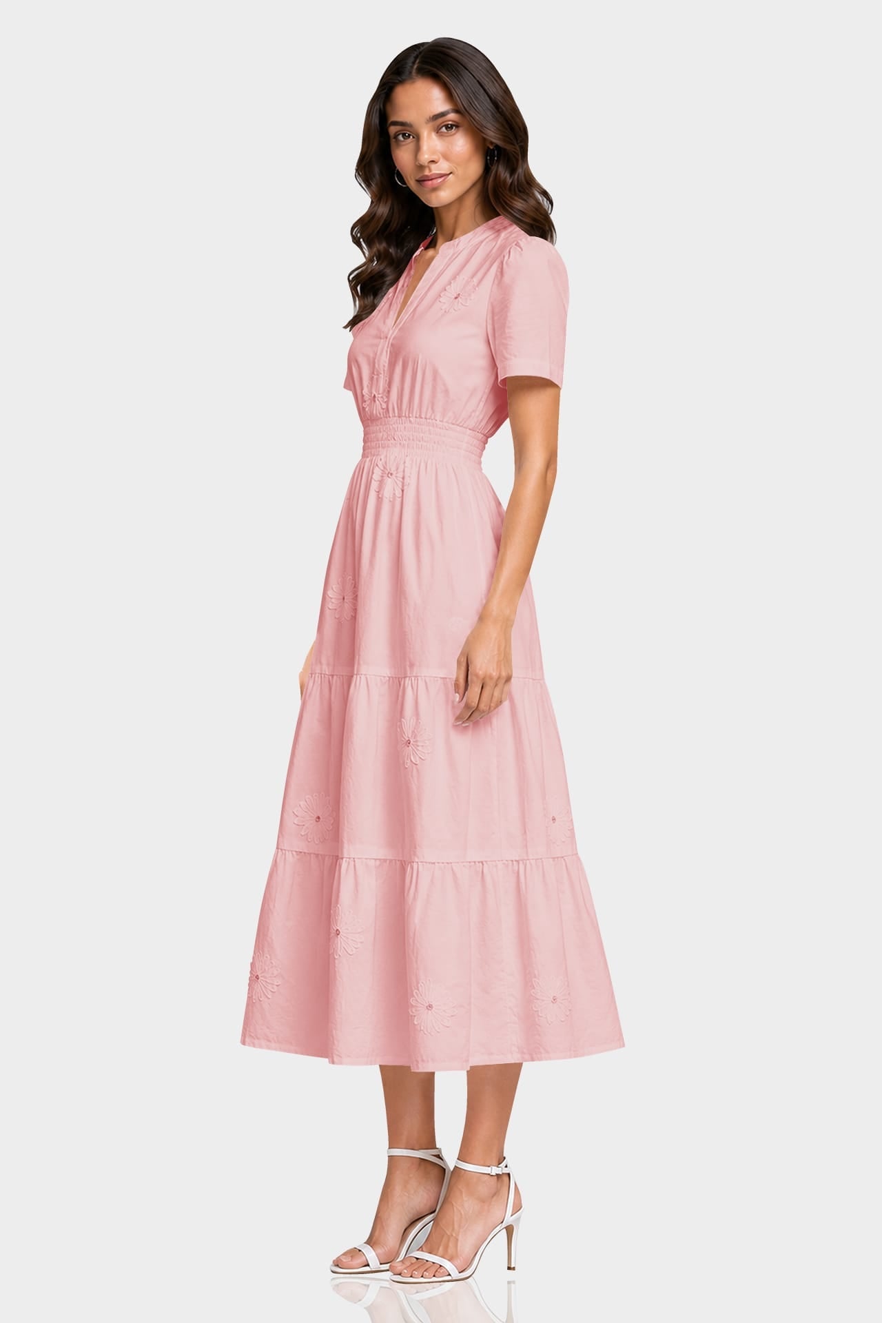 Blush Pink 3D Floral Appliqué Midi Dress for Women – Luxury Brunch Dress