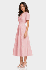 Blush Pink 3D Floral Appliqué Midi Dress for Women – Luxury Brunch Dress