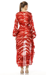 Chora Printed Red Ruffle Dress With Long Overlay & Puff Sleeves