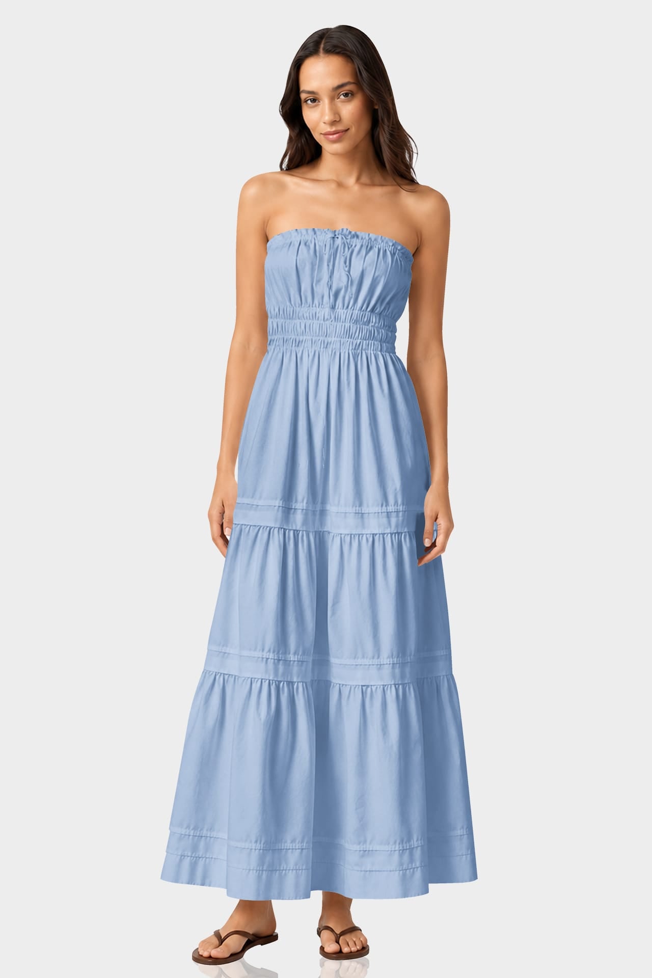 Elegant Powder Blue Flowy Cotton Maxi Dress with Tiered Detailing