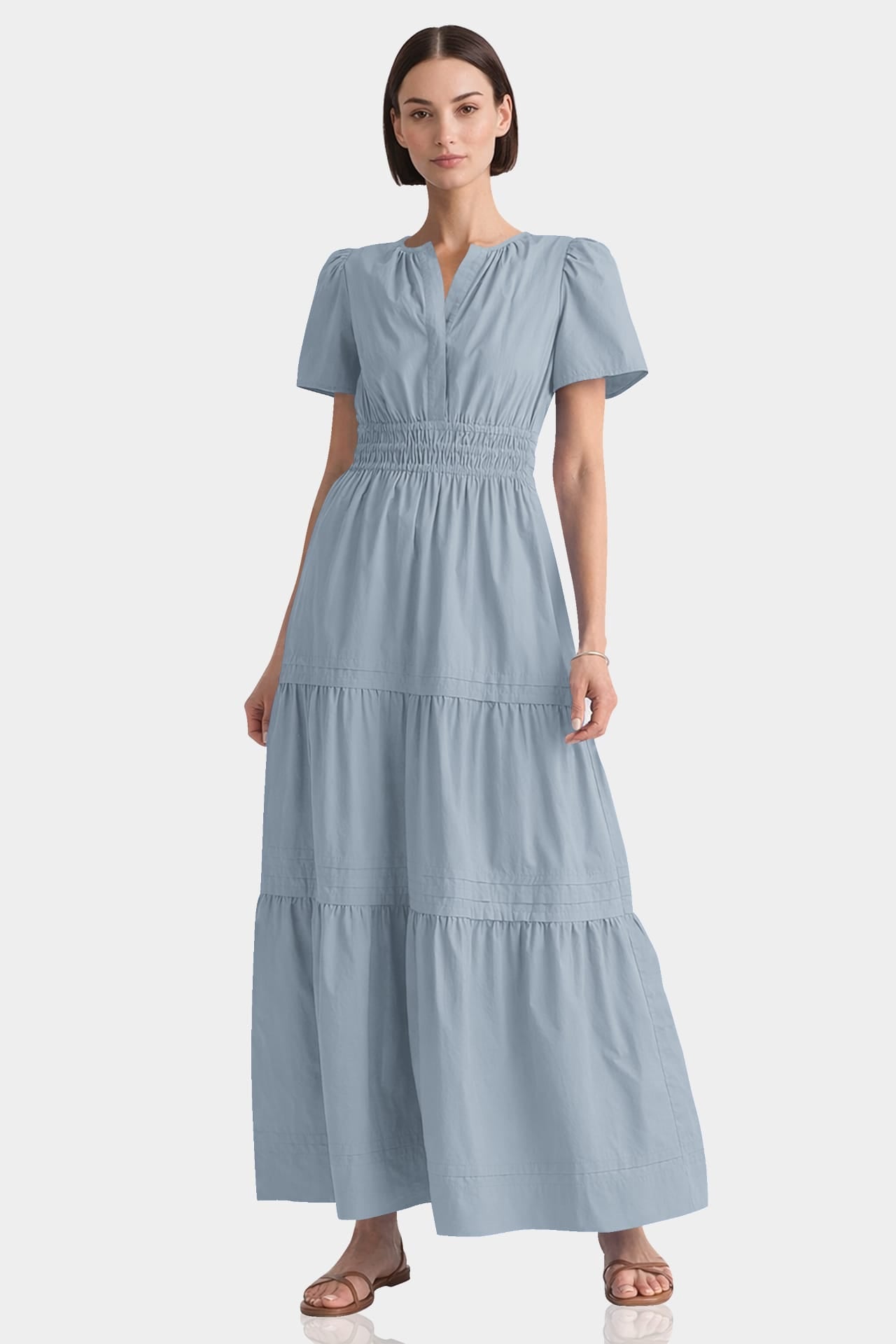 Dusty Blue Smocked Waist Cotton Tiered Maxi Dress